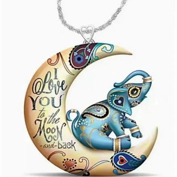Kids Fancy Elephant on the Moon with Love Lettering Pendant Fashion Necklace - Picture 1 of 4